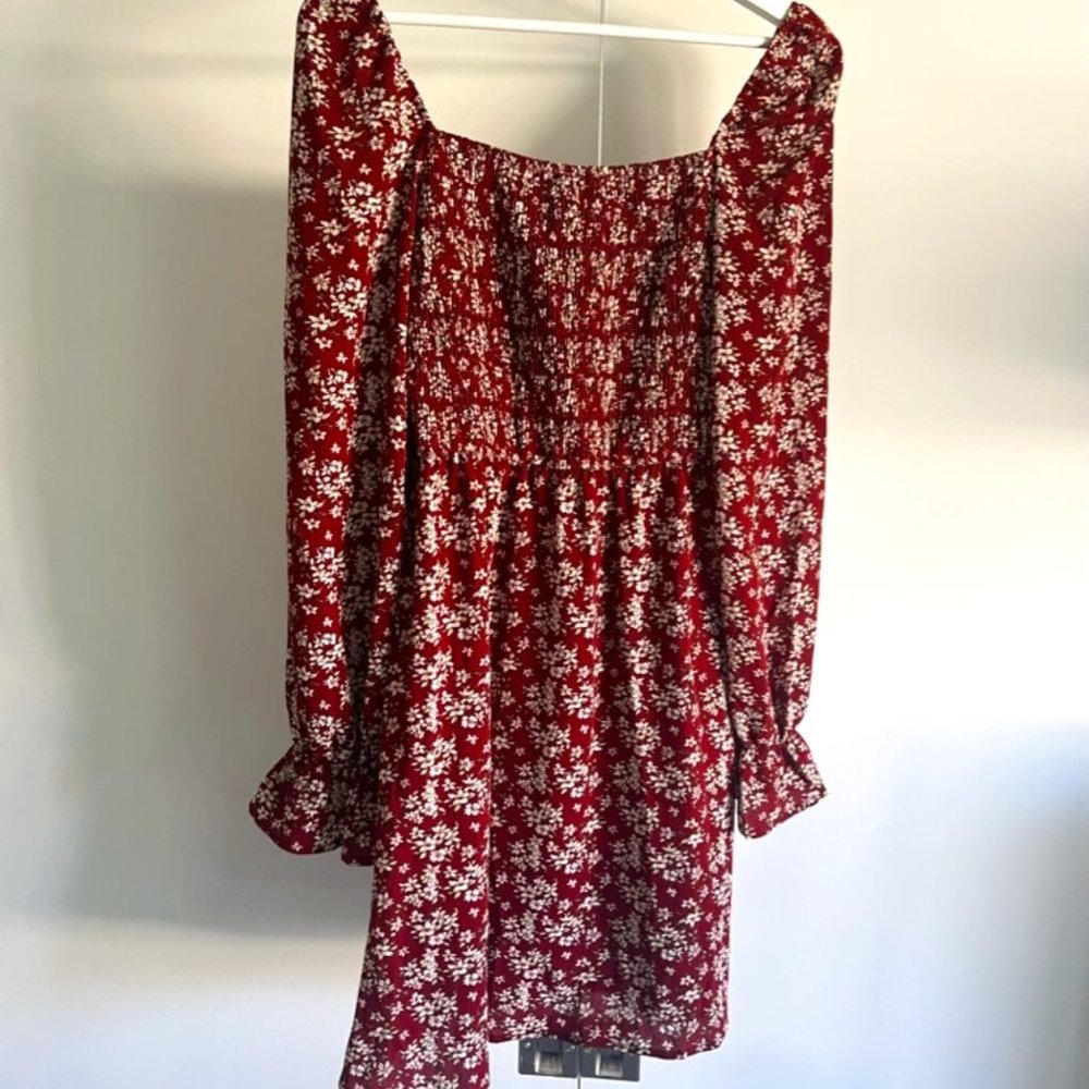 Berry Red Long Sleeve Dress with Floral accents